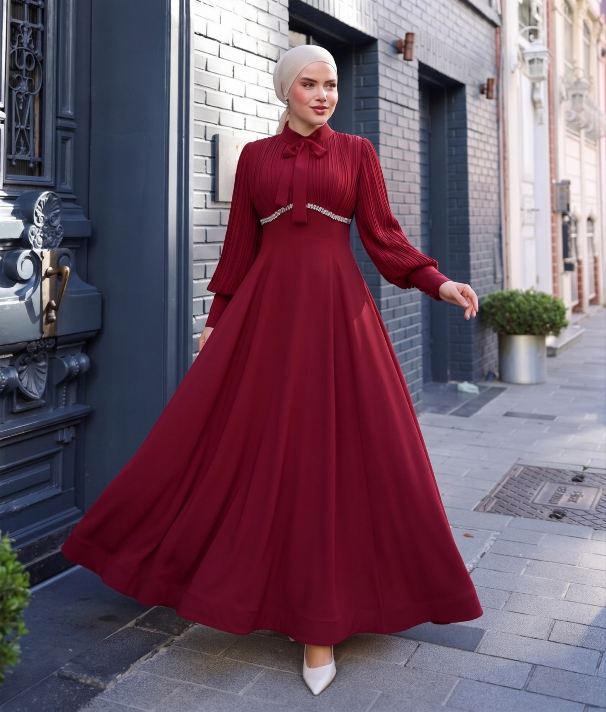 Crimson Pleated Evening Gown