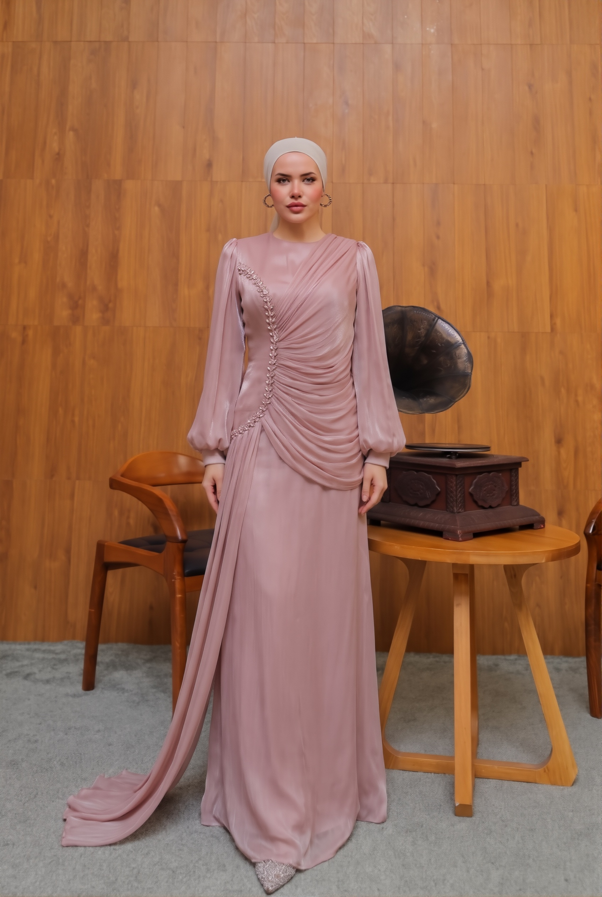 Dusty Rose Draped Evening Gown
